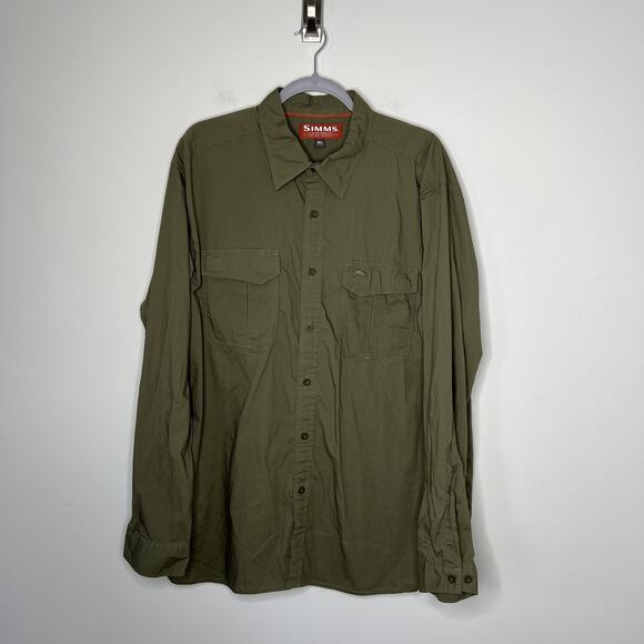 Simms Fishing Shirt Mens XL Green Long Sleeve Button Down Pockets Fly Fishing - Picture 1 of 10